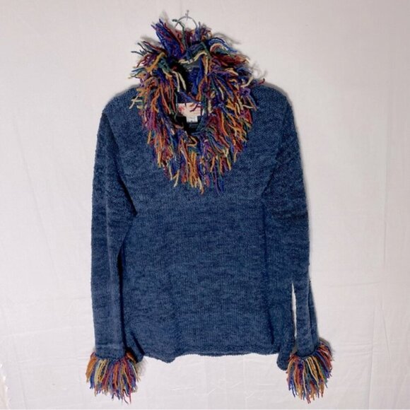 Vintage World Folk Art Imports Blue Wool Knit Sweater With Rainbow Fringe Trim M - Picture 15 of 15